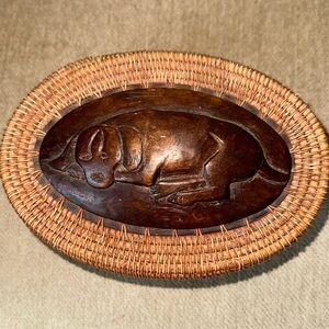 WOVEN BASKET with Lid and Carved Wood Dog Handmade 7”